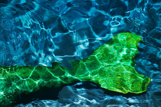 A vivid green fish tail submerged in clear blue water, reflecting light, symbolizing the natural source of salmon DNA in skincare products.